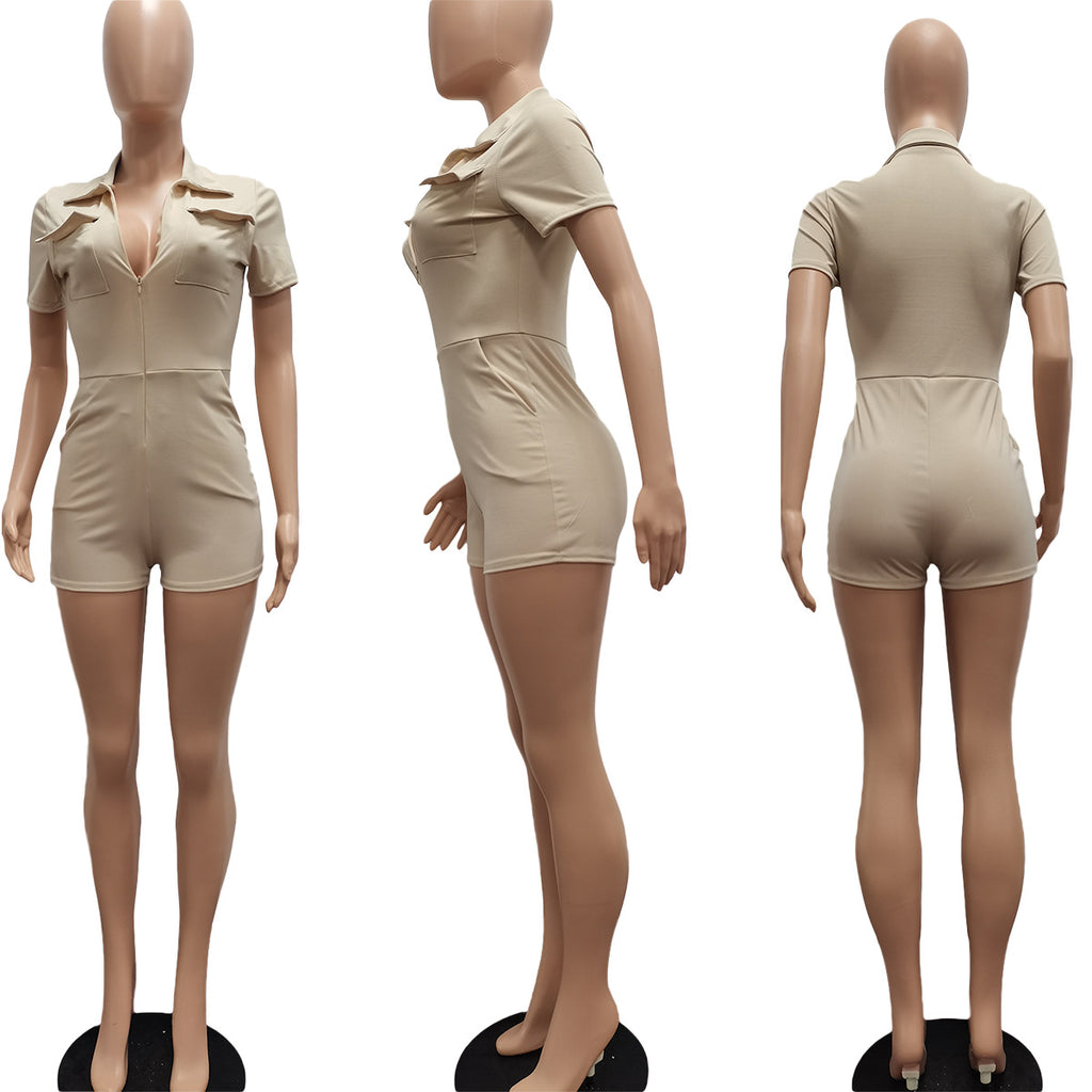 Sexy Solid Short Sleeve Pocket Tight Romper