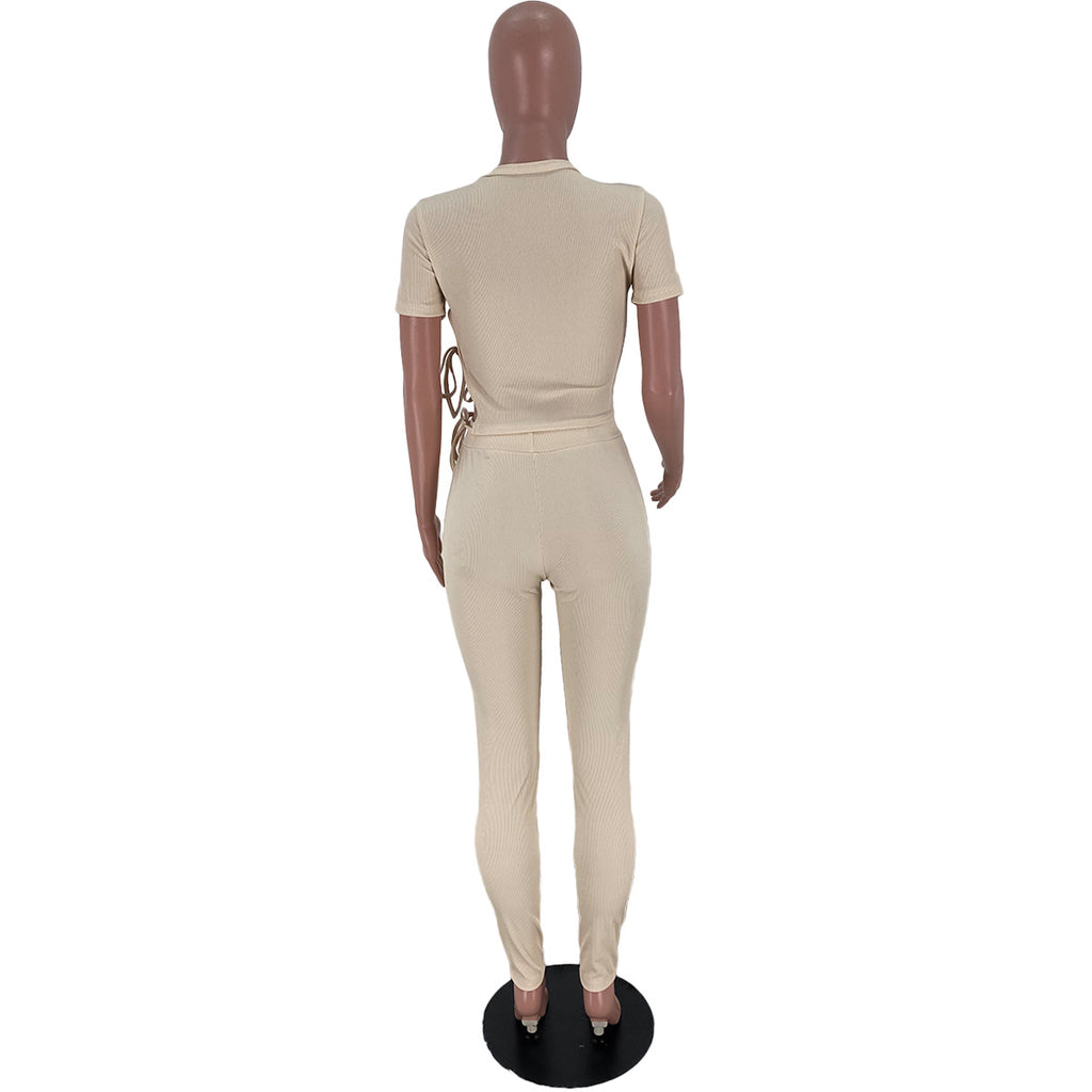 Sexy Solid Lace-Up Short Sleeve 2 Piece Pants Set