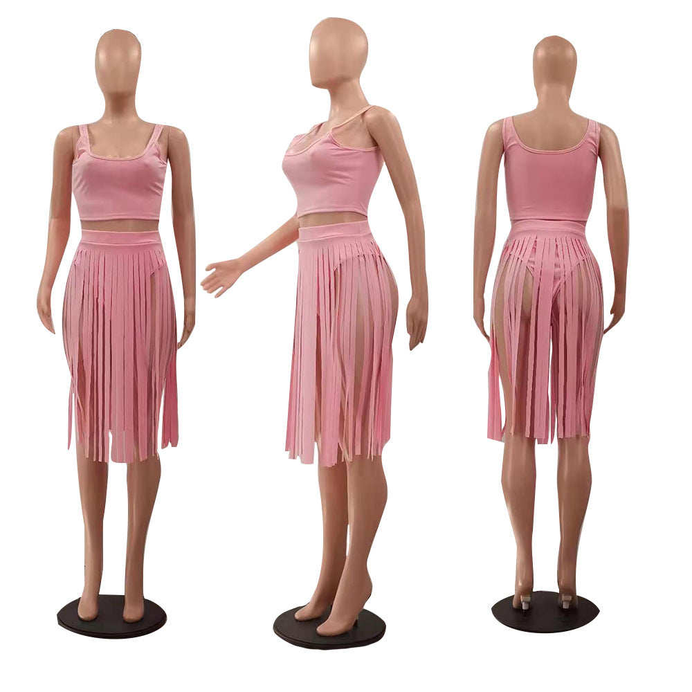 Sexy Solid Tank Top Tassel Skirt Two Piece Sets