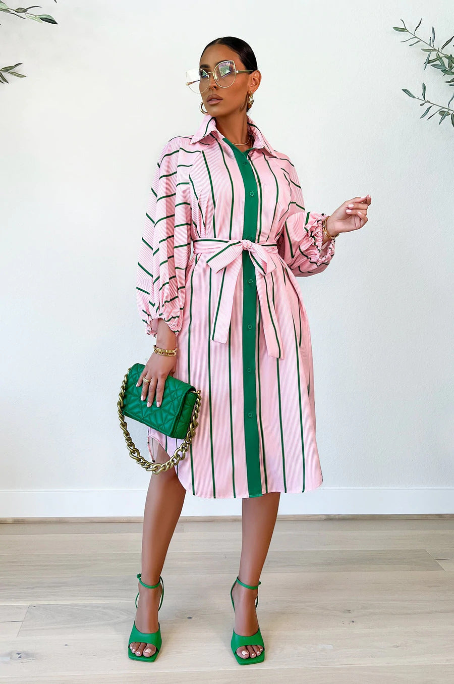 Sexy Casual Striped Long Sleeeve Sashes Midi Dress