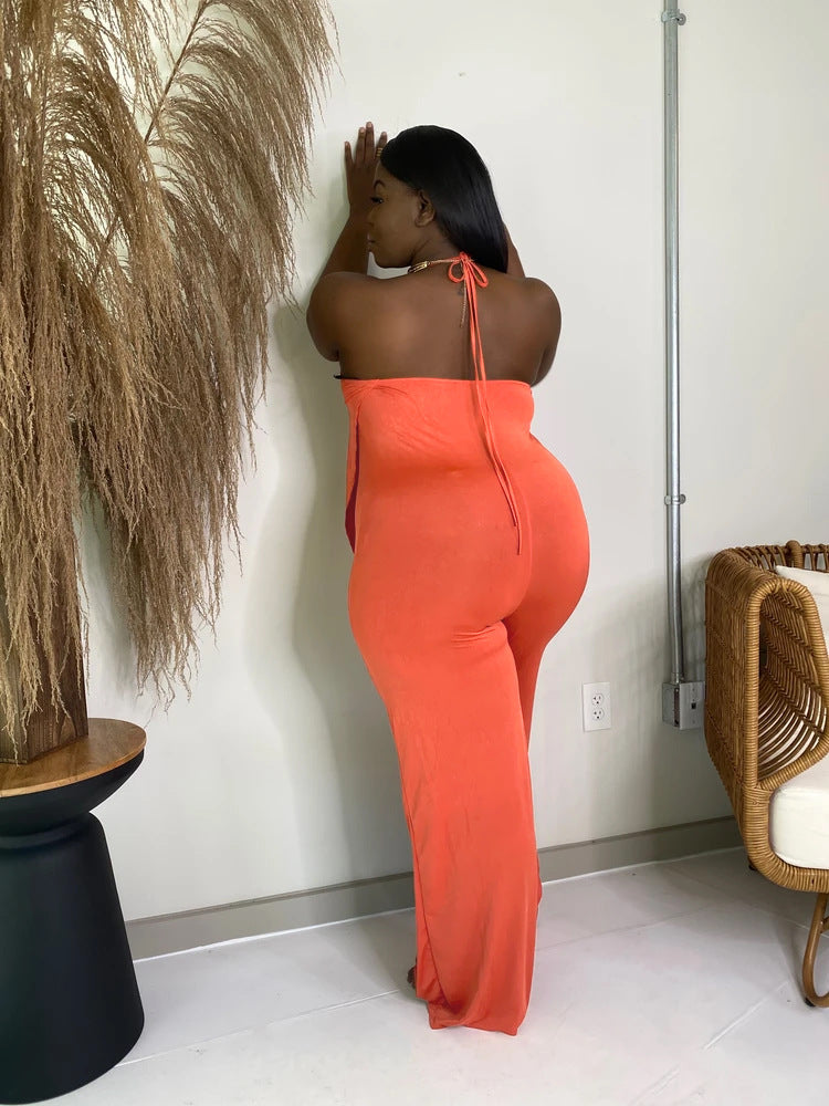 Sexy Solid Ruffled Halter One Piece Jumpsuit