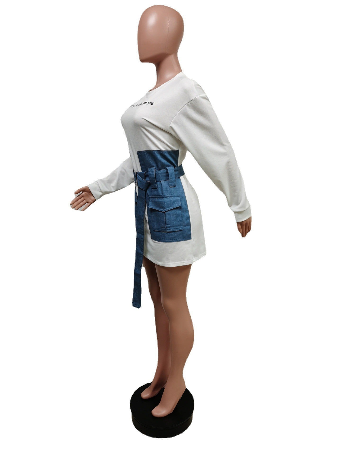 Sexy Denim Patchwork Embroidery Letter Belted Mini Dress