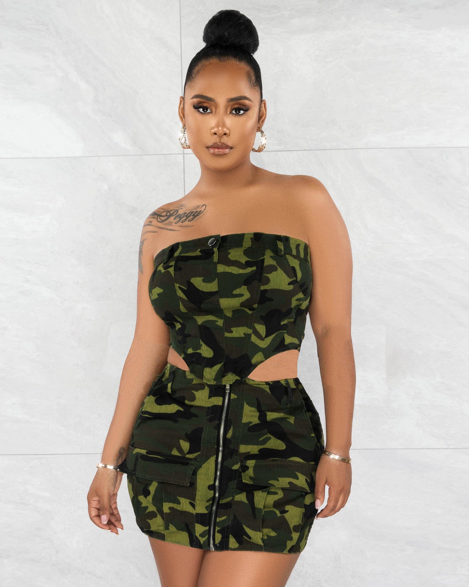 Sexy Camo Print Tube Tops And Skirt Denim 2 Piece Set