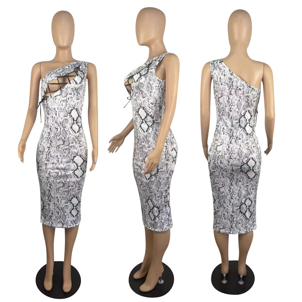Sexy Sexy Printed Lace-Up One Shoulder Sleeveless Midi Dress
