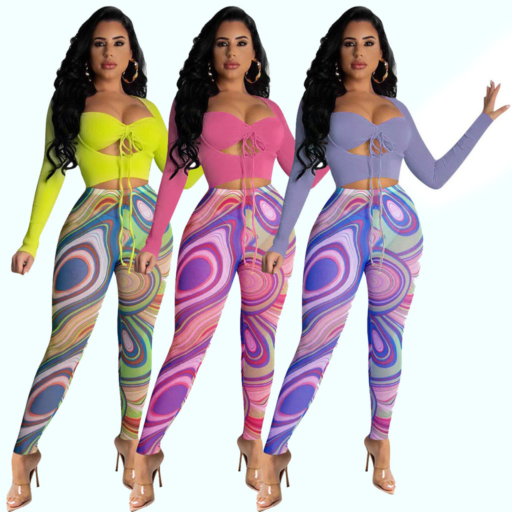 Sexy Sexy Crop Top+Mesh Printed Pants 2 Piece Sets