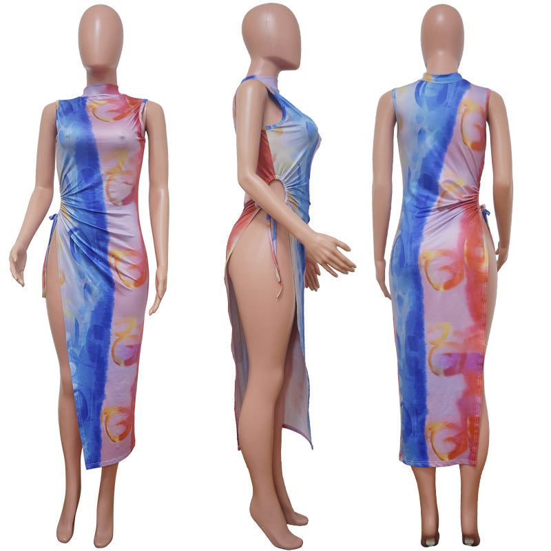 Sexy Sleeveless Sexy Print Mesh See Through Lace Up Dress