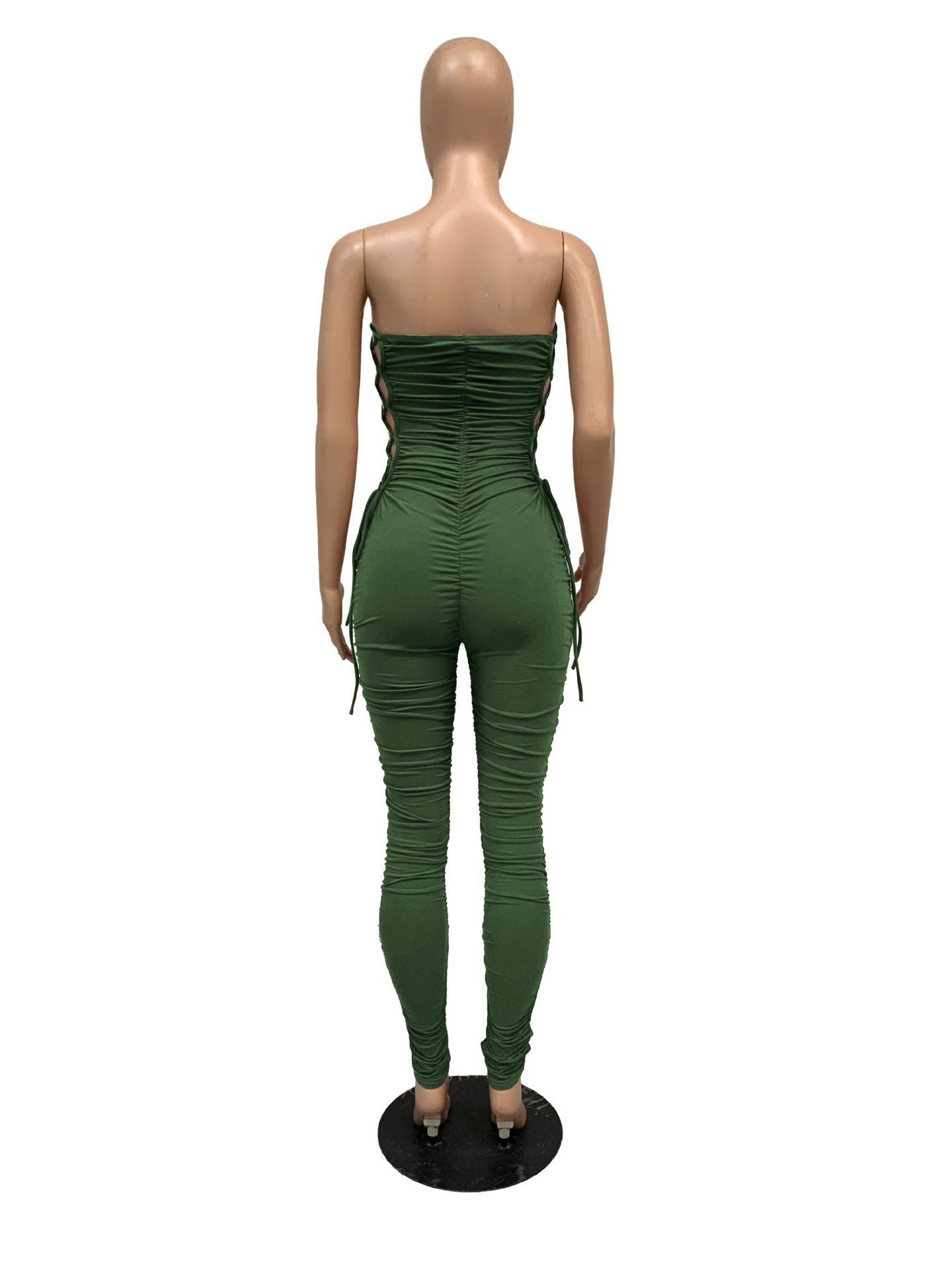 Sexy Sexy Solid Lace-Up Ruched Bandage Tube Jumpsuit