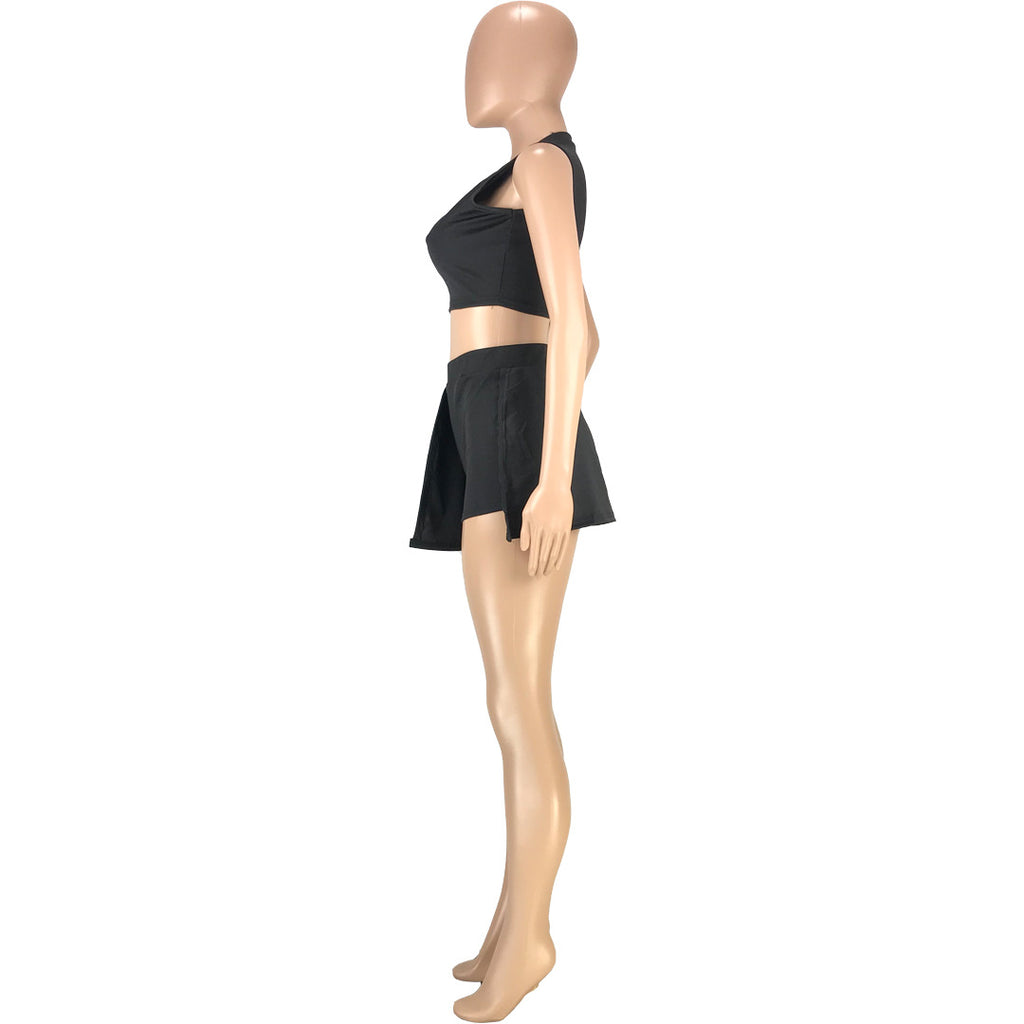 Sexy Solid Sleeveless Culottes Shorts Two Piece Sets