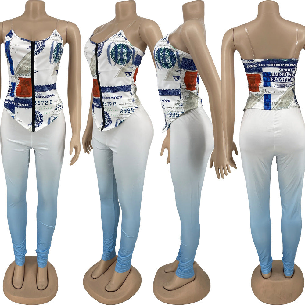 Sexy Dollar Print Gradient Slim Fit Two Piece Pants Set