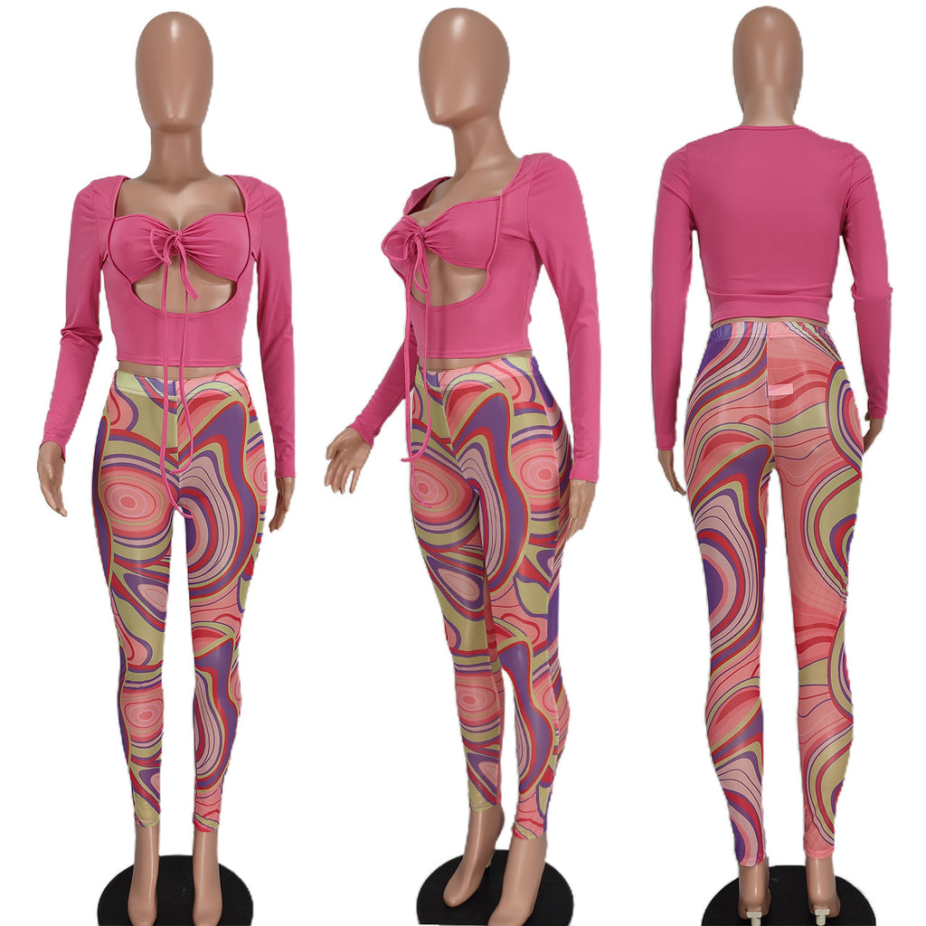 Sexy Sexy Crop Top+Mesh Printed Pants 2 Piece Sets