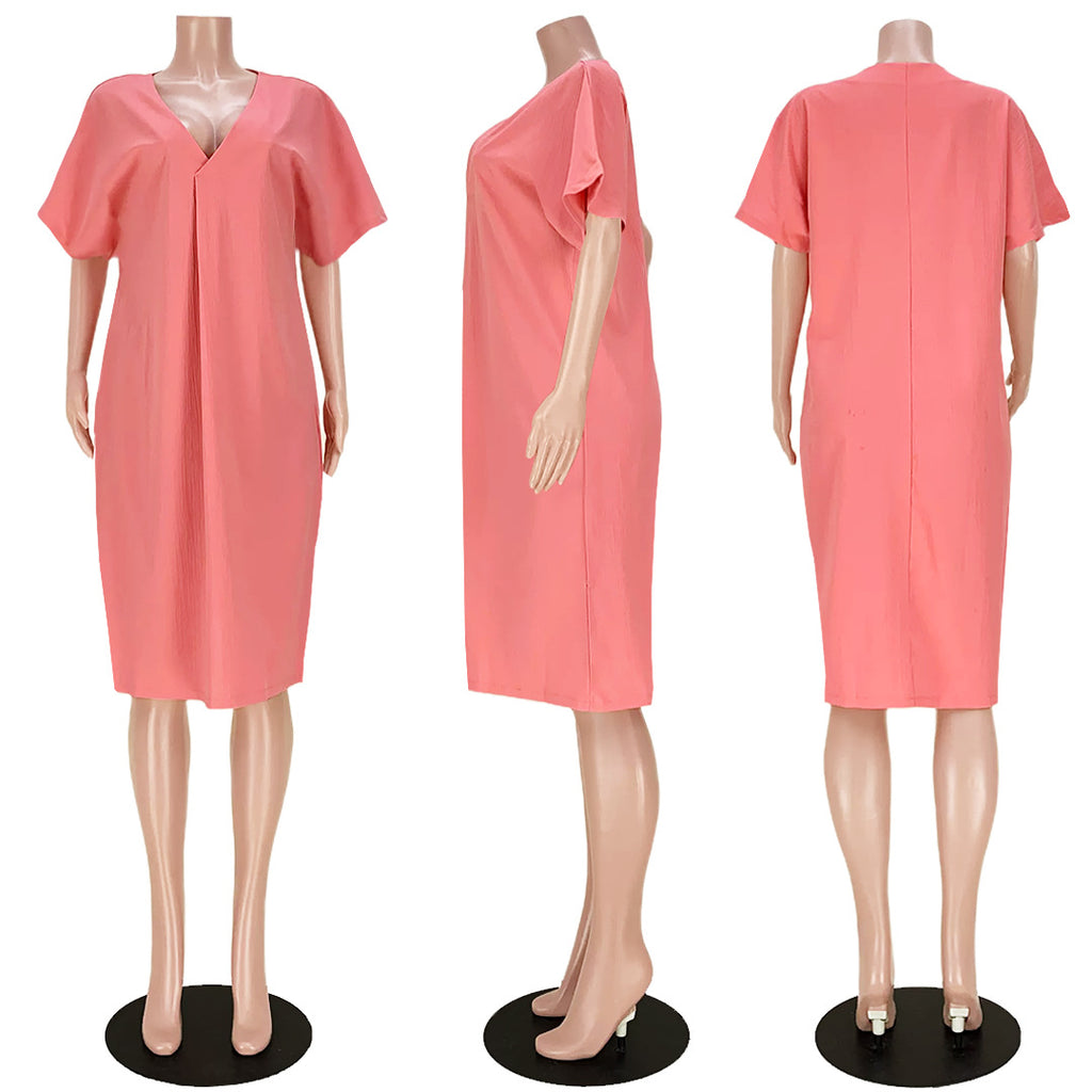 Sexy Solid V Neck Short Sleeve Loose Midi Dress