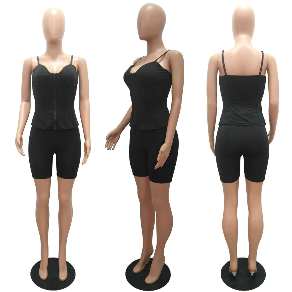 Sexy Sexy Solid Straps Zipper Top And Shorts 2 Piece Sets