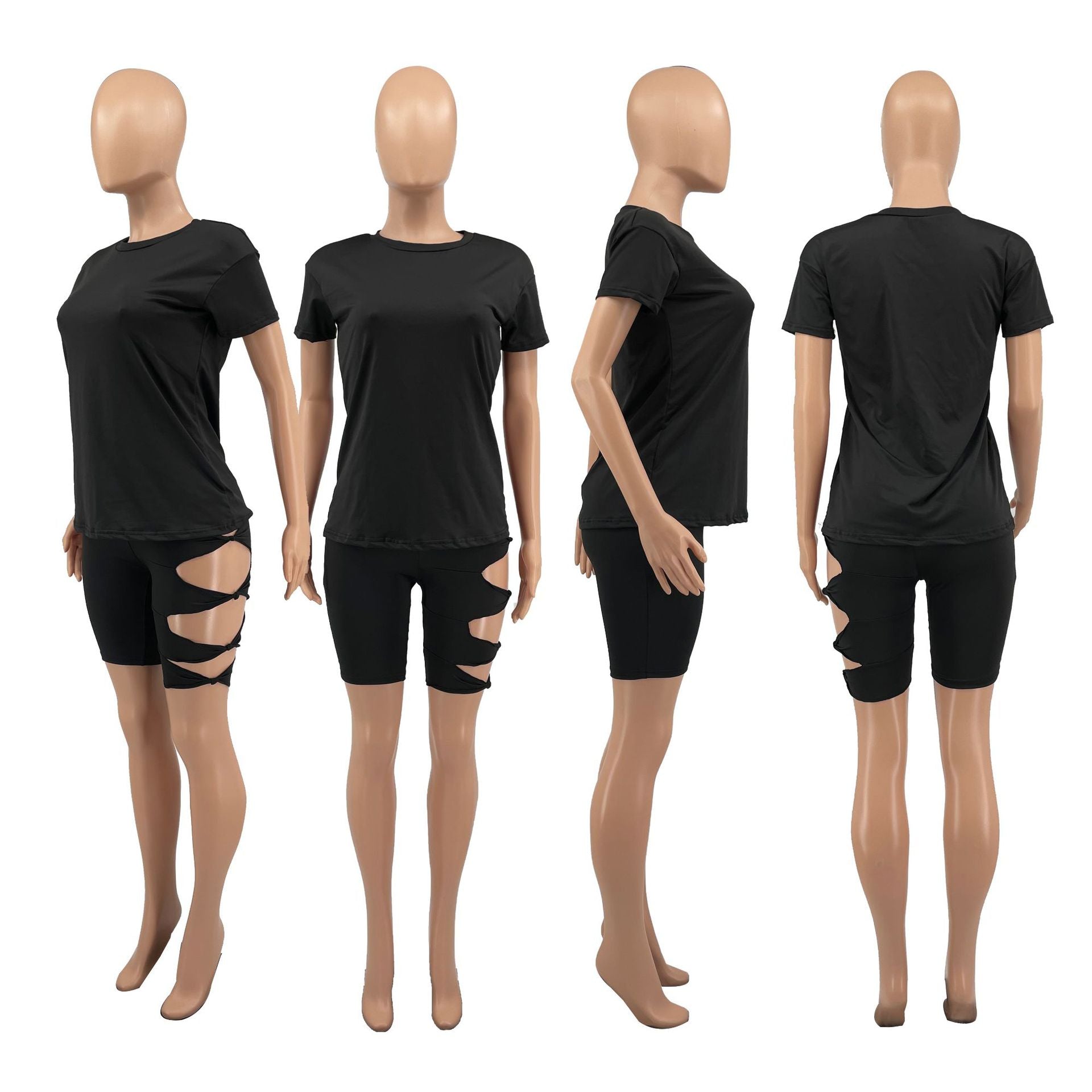 Sexy Solid T Shirt Hollow Out Short Two Piece Sets