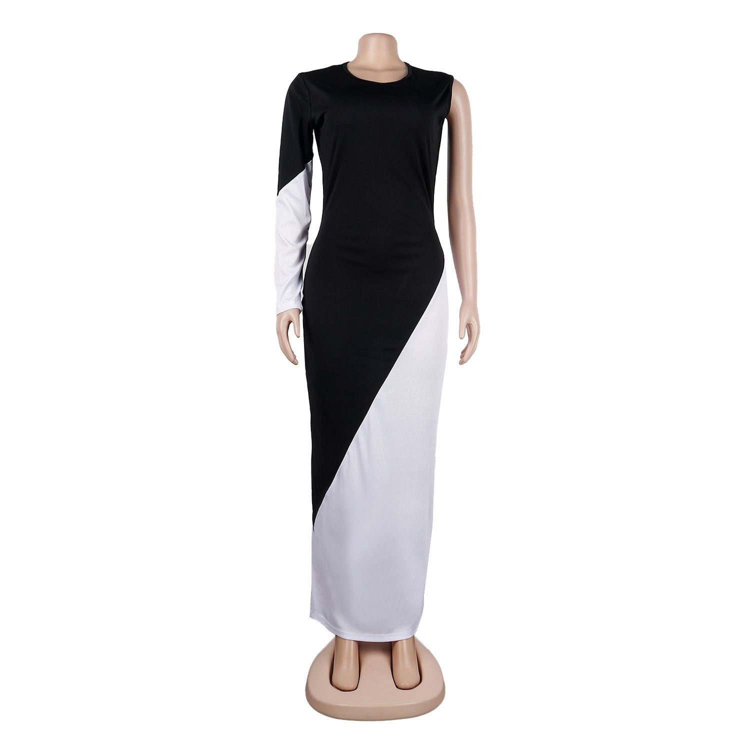 Sexy Contrast Color Patchwork One Shoulder Maxi Dress