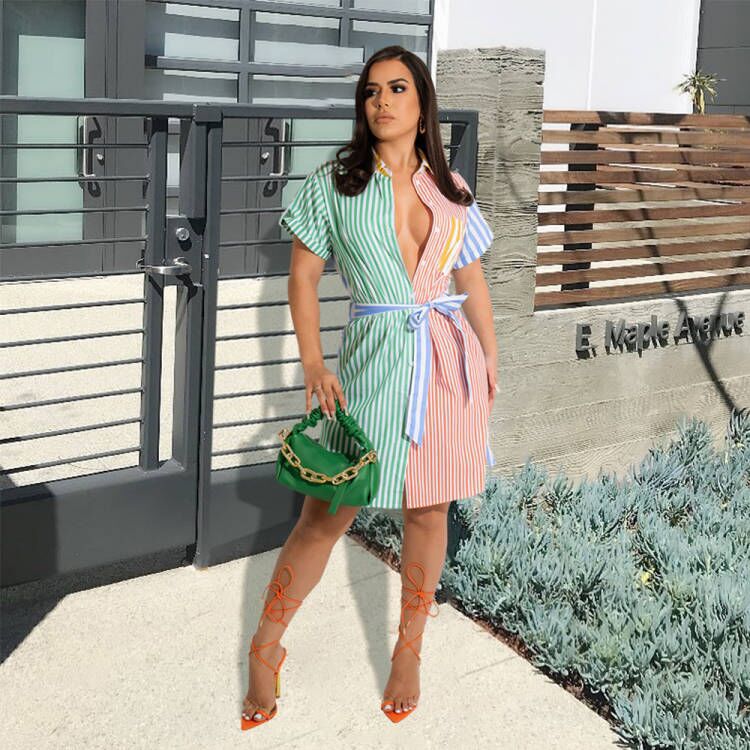 Sexy Casual Striped Short Sleeve Sashes Shirt Dress