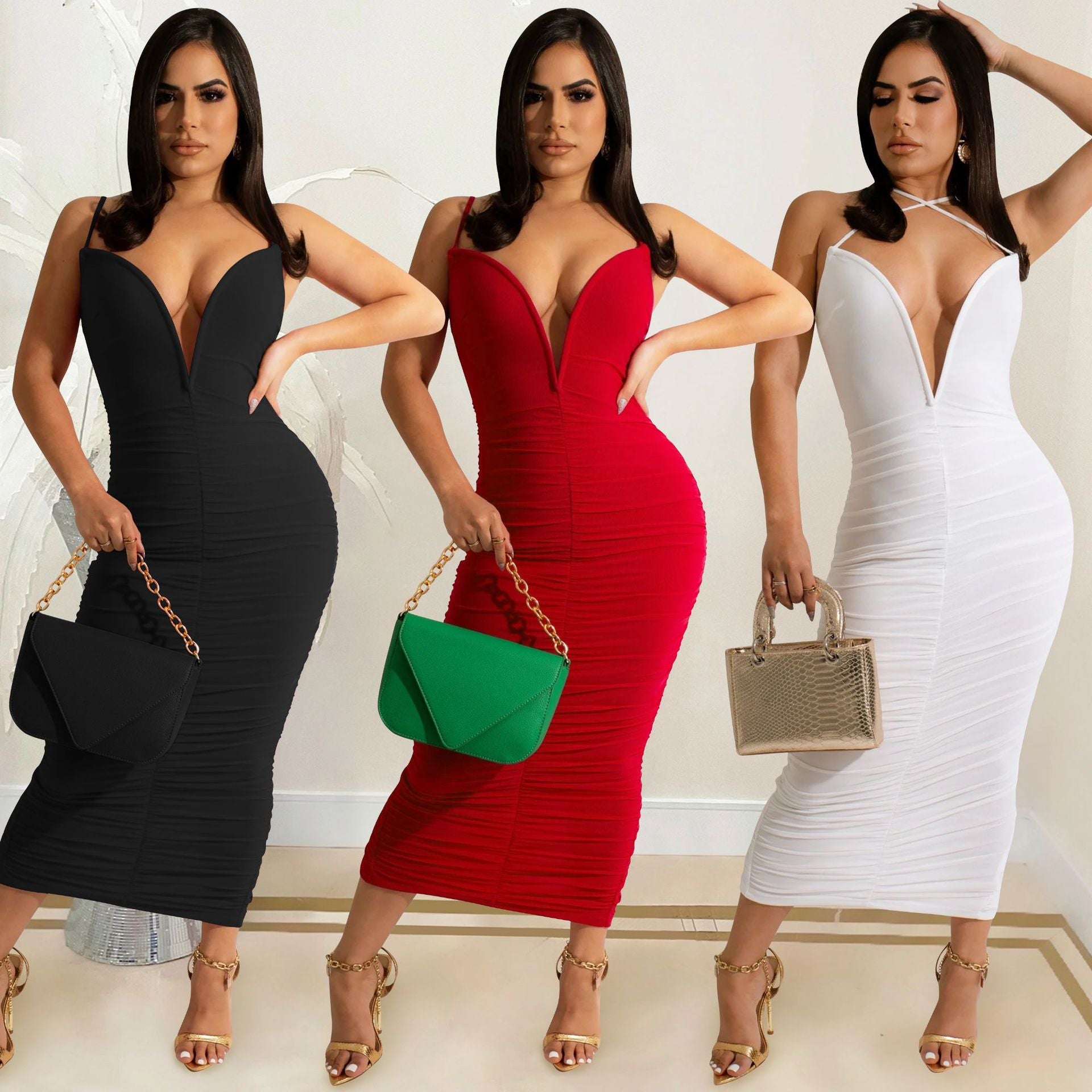 Sexy Solid Ruched V Neck Split Sling Maxi Dress
