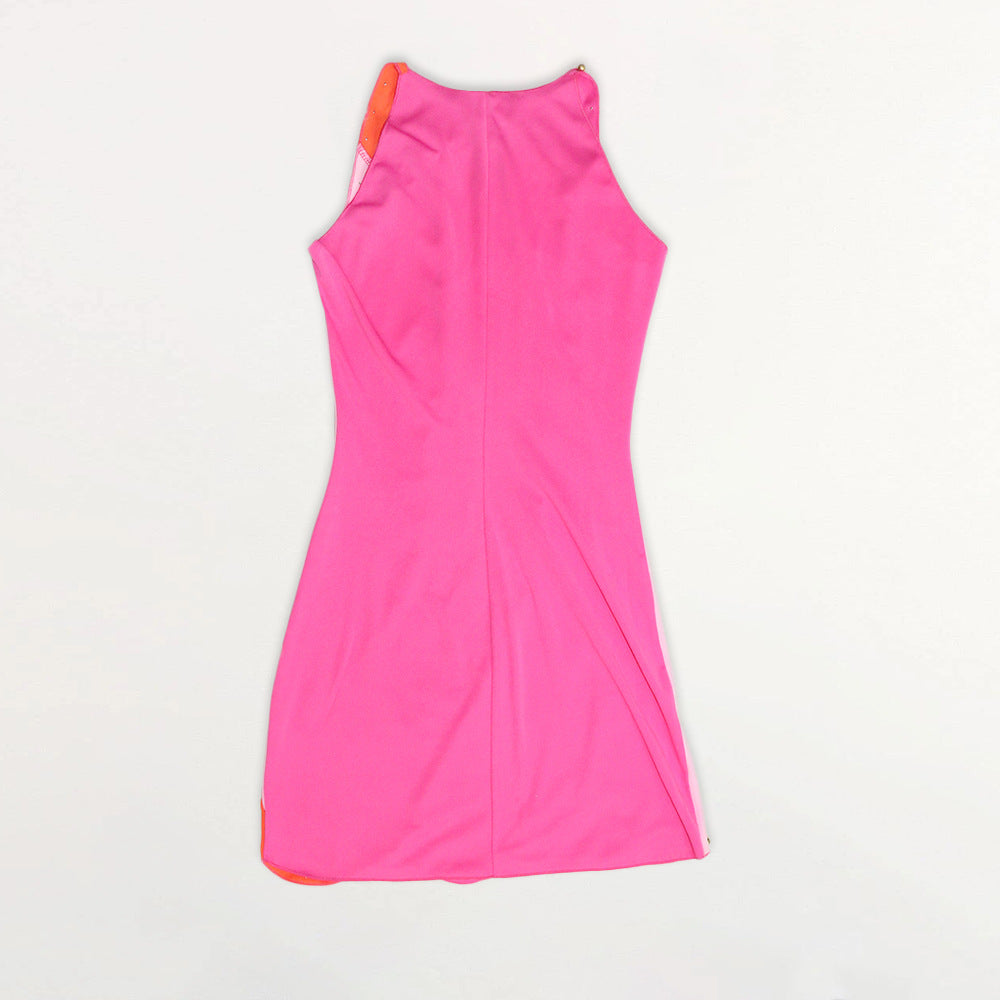Sexy Contrast Color Beading Sleeveless Irregular Mini Dress