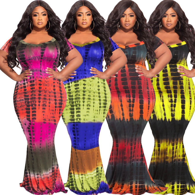 Sexy Plus Size Tie Dye Print Short Sleeve Maxi Dress