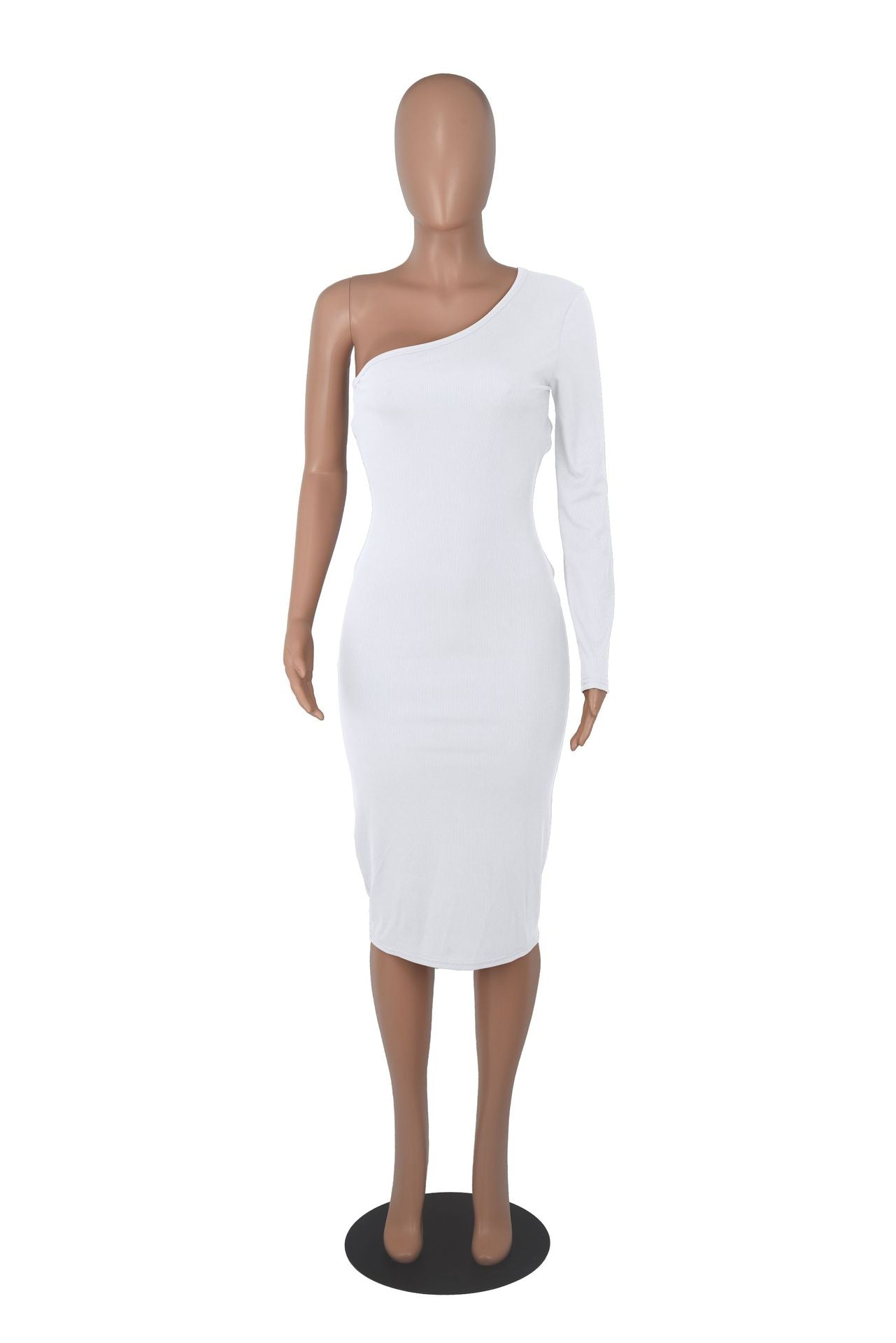 Sexy Solid One Shoulder Long Sleeve Slim Midi Dress