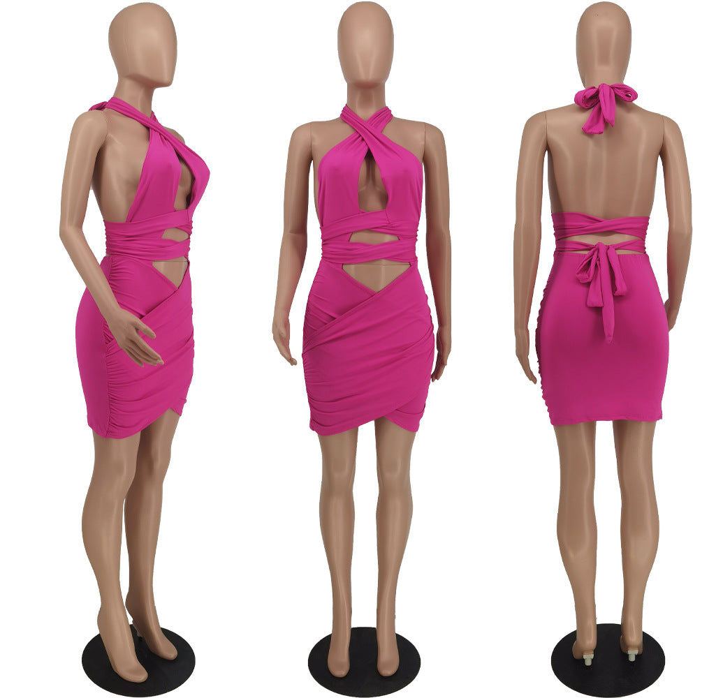 Sexy Solid Sexy Hollow Out Halter Backless Mini Dress