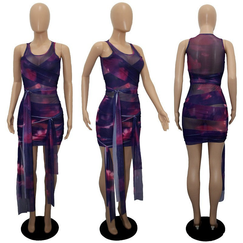 Sexy Sexy Mesh Printed Sleeveless Mini Dress
