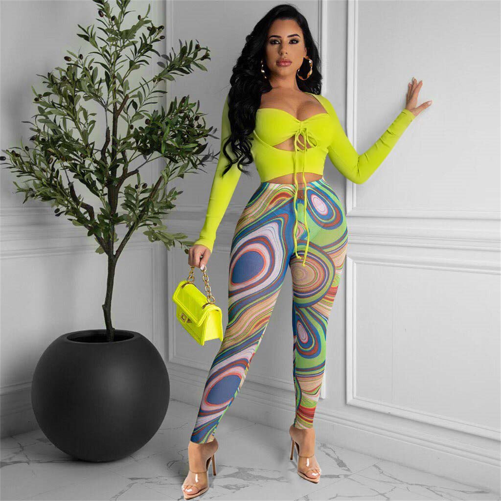 Sexy Sexy Crop Top+Mesh Printed Pants 2 Piece Sets