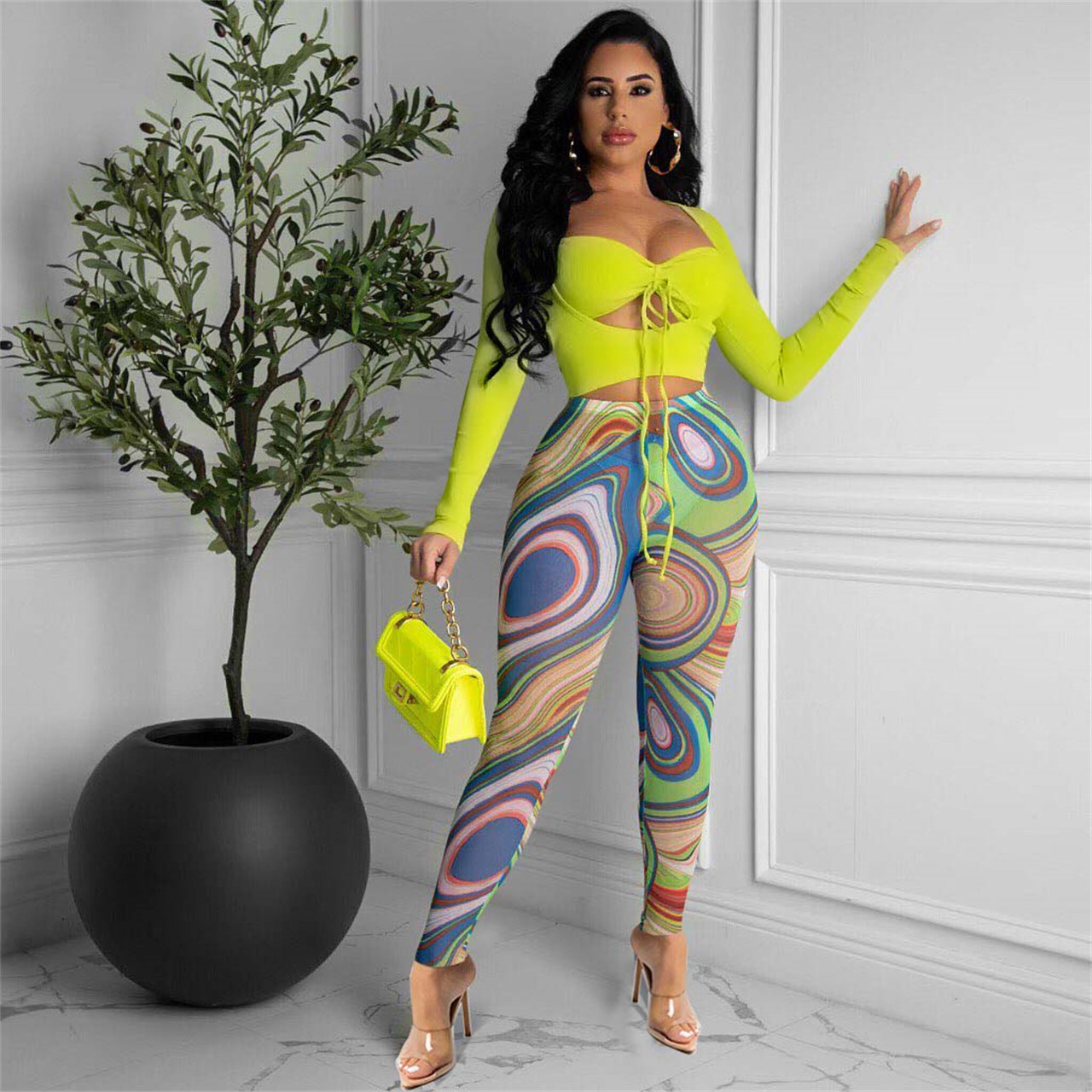 Sexy Sexy Crop Top+Mesh Printed Pants 2 Piece Sets