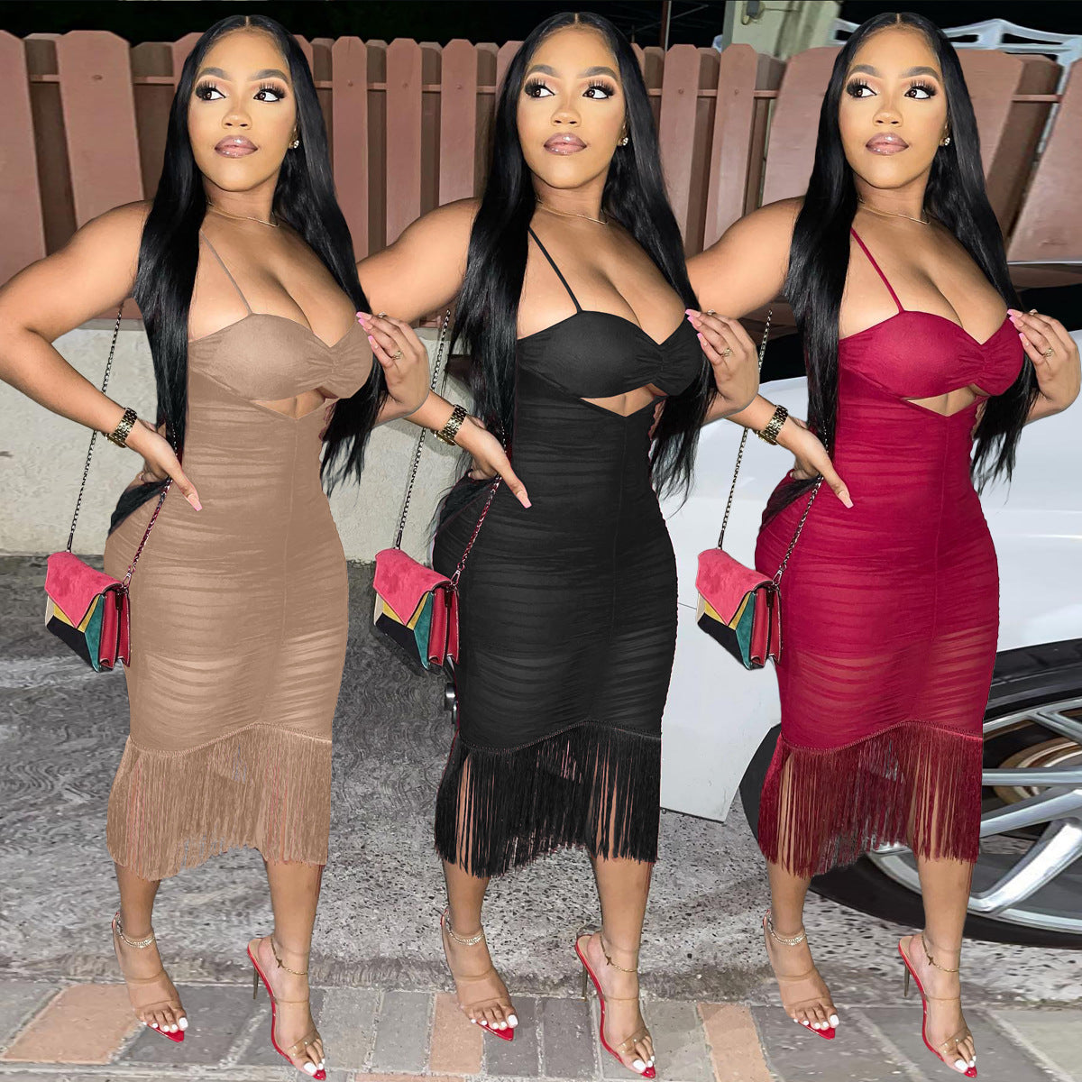 Sexy Sexy Tassel Spaghetti Strap Bodycon Midi Dress