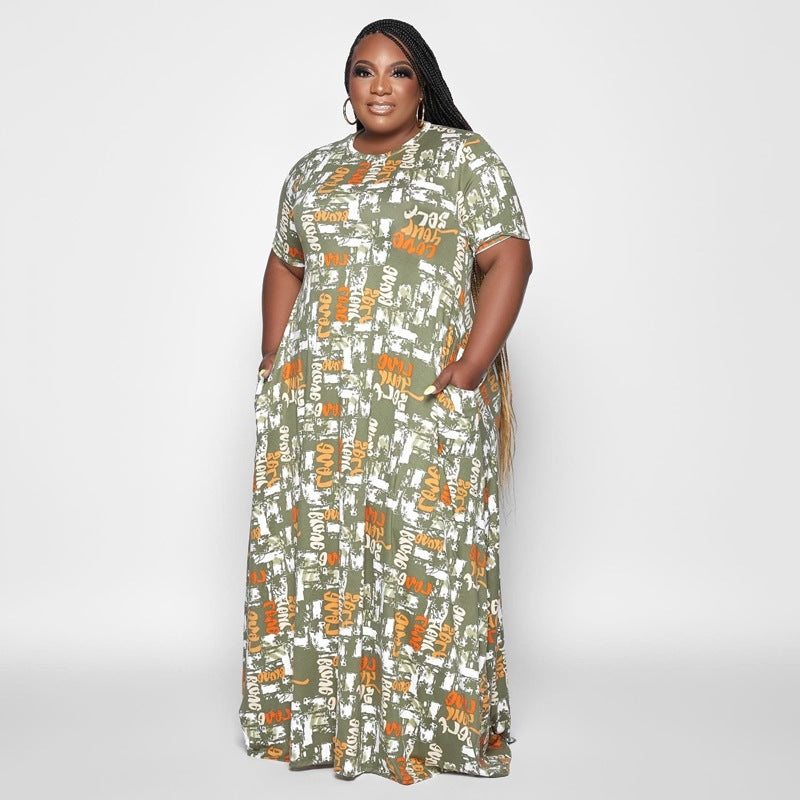 Sexy Plus Size Casual Loose Print Short Sleeve Maxi Dress