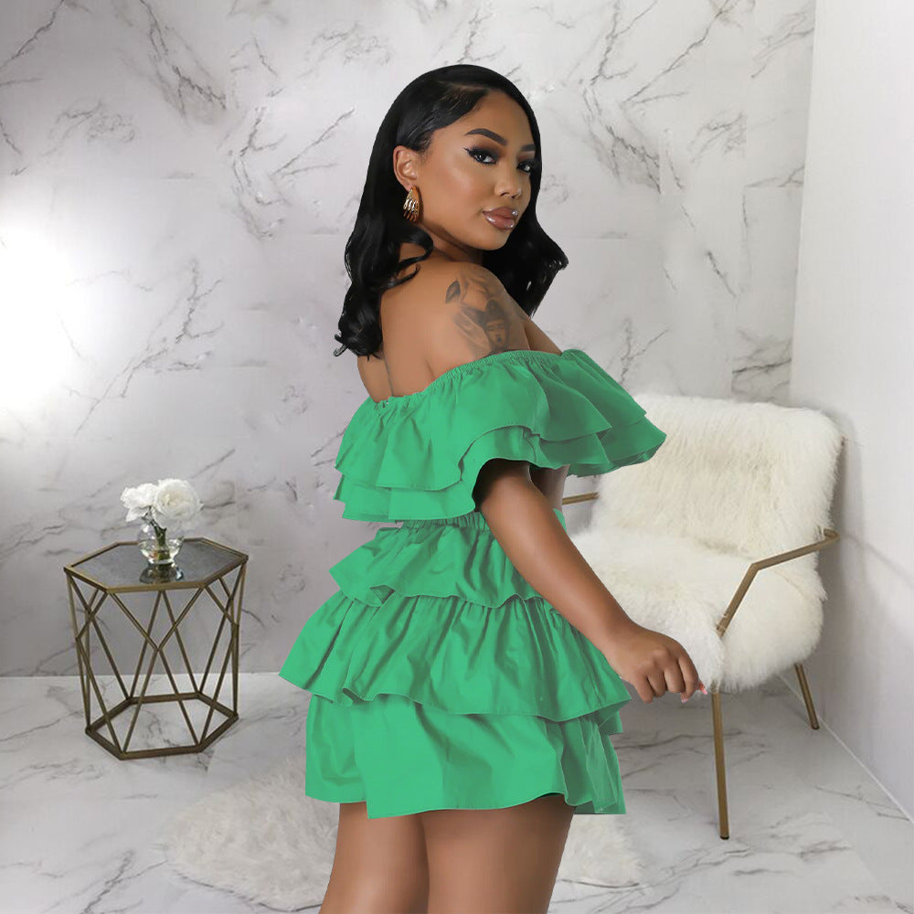 Sexy Ruffle Off Shoulder Tops Skirt Two Piece Set