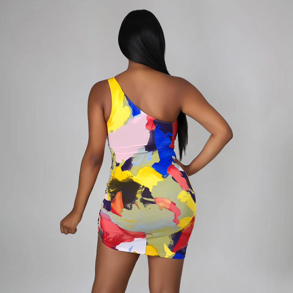 Sexy Sexy Printed One Shoulder Drawstring Hollow Mini Dress