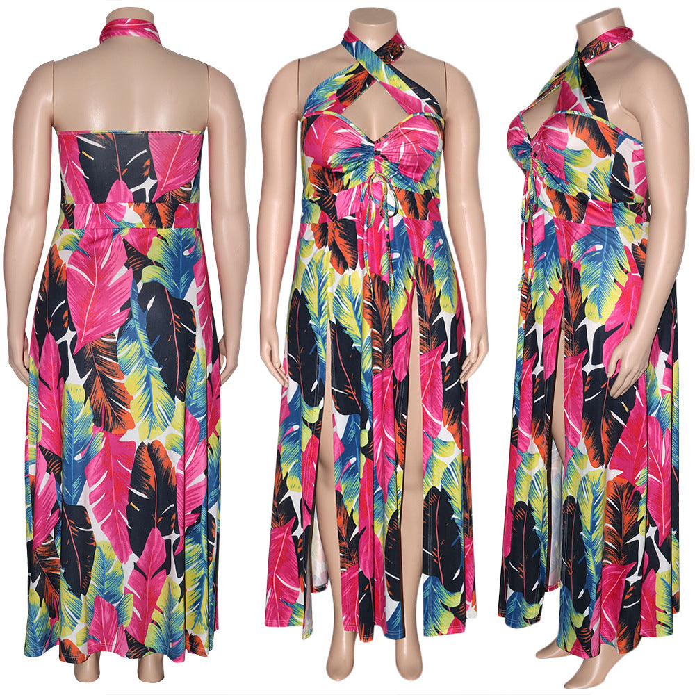 Sexy Plus Size 5XL Sexy Cross Halter Slit Maxi Dress