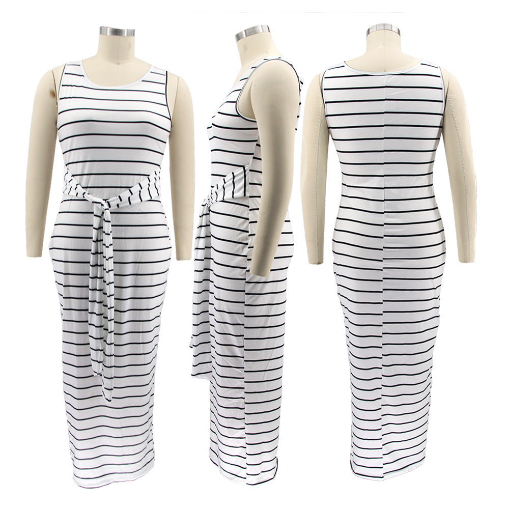 Sexy Plus Size Striped Sleeveless Sashes Maxi Dress