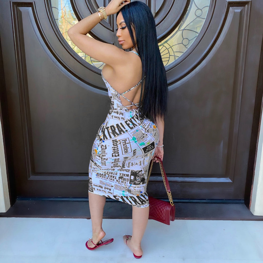 Sexy Letter Print Sleeveless Sling Midi Dress