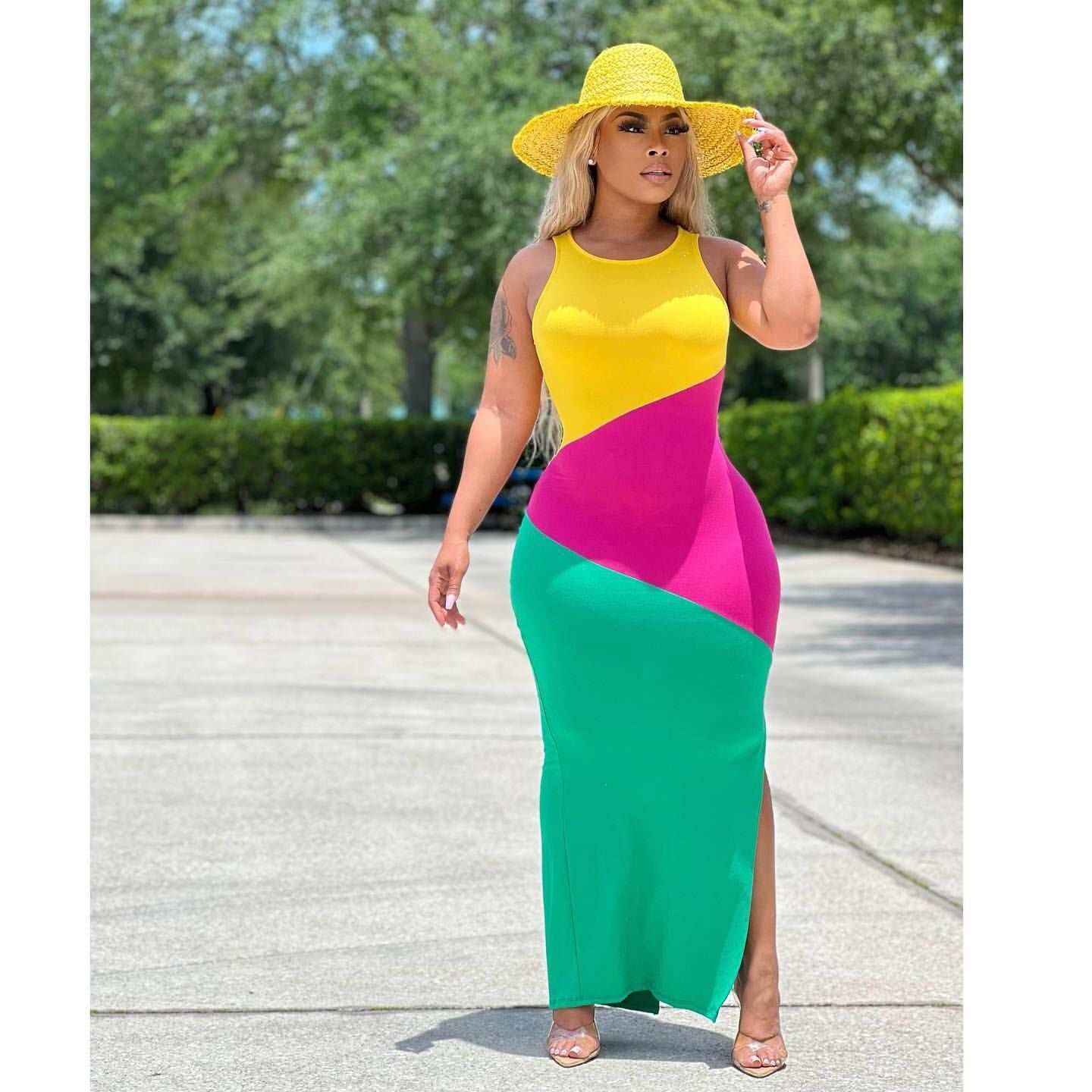 Sexy Contrast Color Sleeveless Split Long Dress
