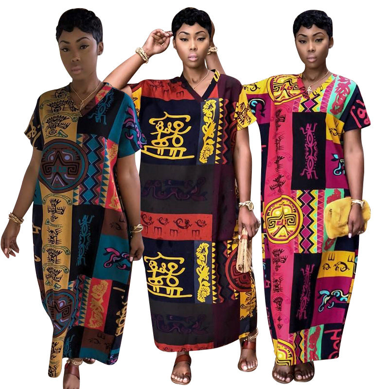 Sexy Short Sleeve Printed Loose Long Dress