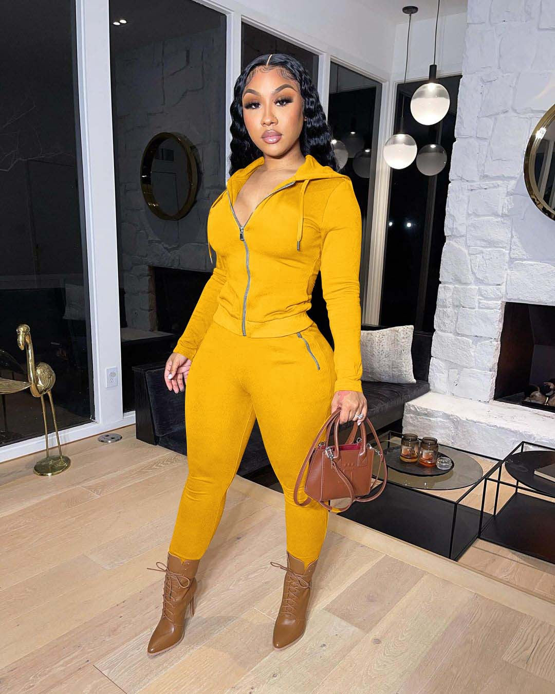 Sexy Solid Fleece Hooded Zipper Long Sleeve Two Piece Sets