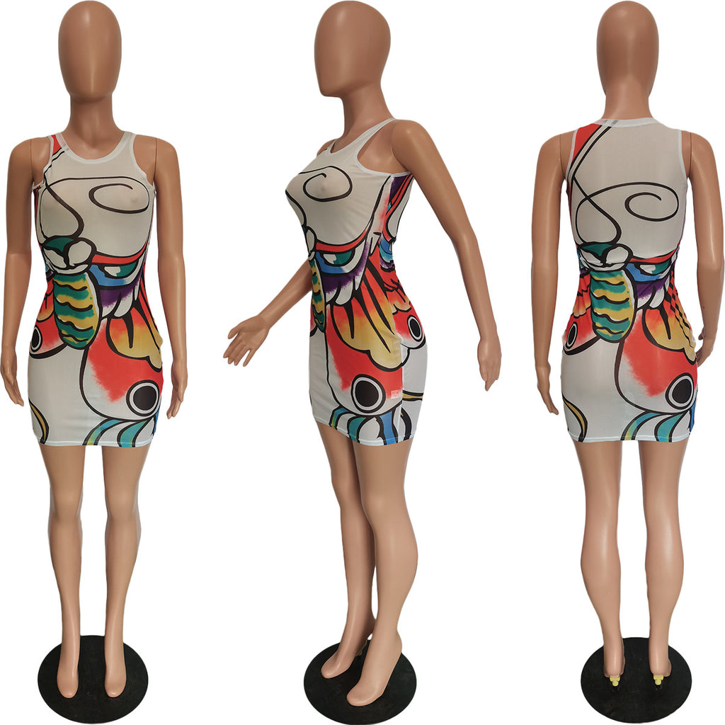 Sexy Sexy Mesh Printed Sleeveless Mini Dress