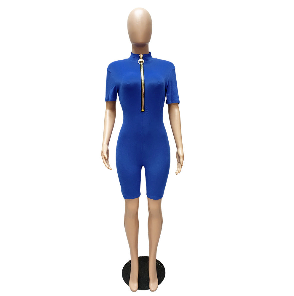 Sexy Casual Solid Short Sleeve Zipper Romper