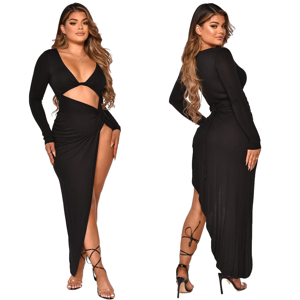 Sexy Solid Color V-Neck Long Sexy Dress