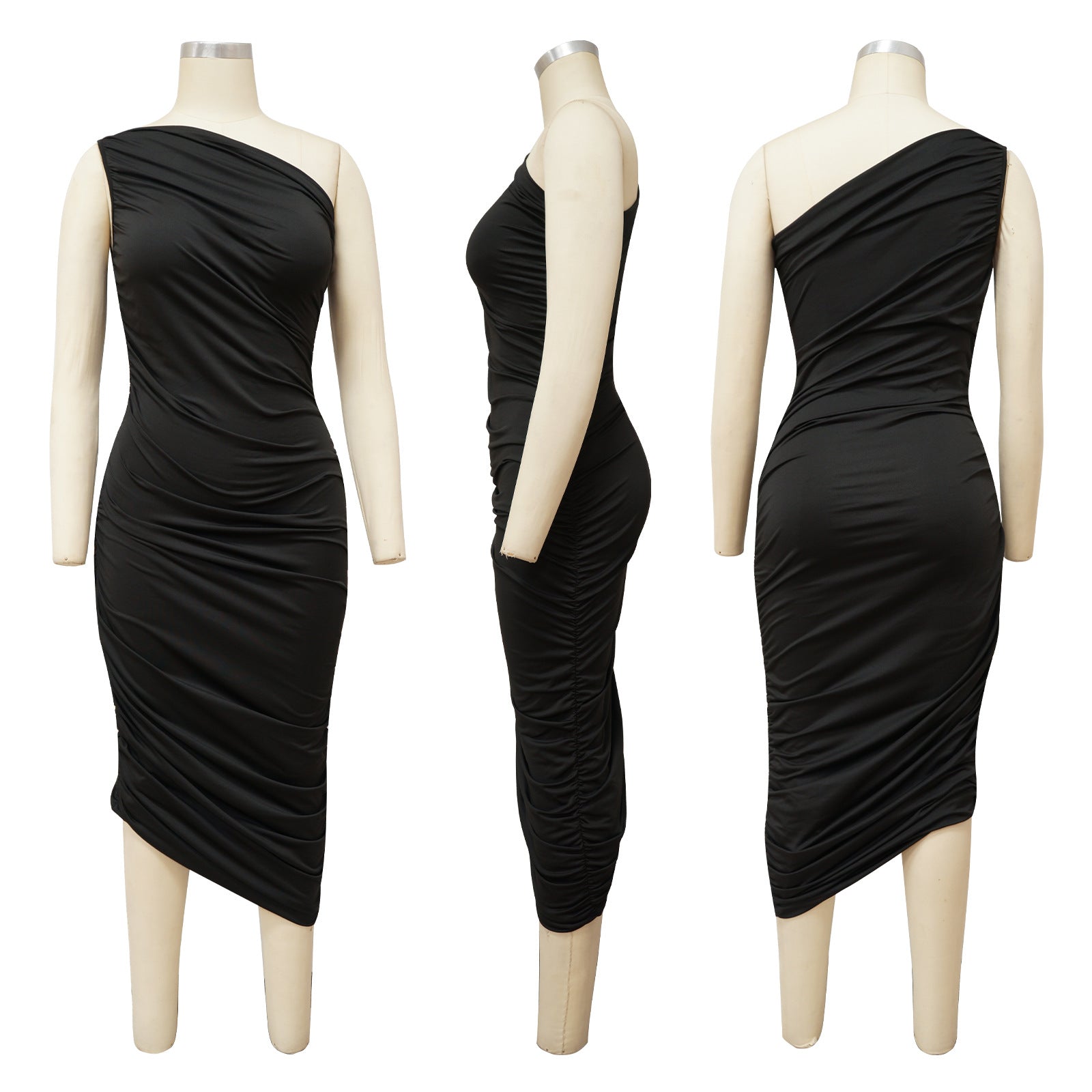 Sexy Sexy Solid Color Sloping Shoulder Ruched Slim Dress