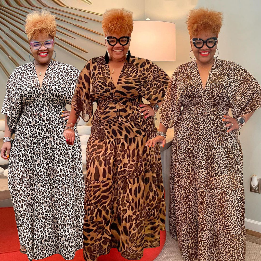 Sexy Plus Size Leopard Print V Neck High Waist Maxi Dress