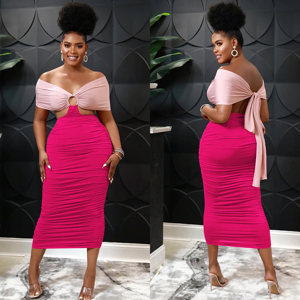 Sexy Contrast Color Off Shoulder Ruched Midi Dress