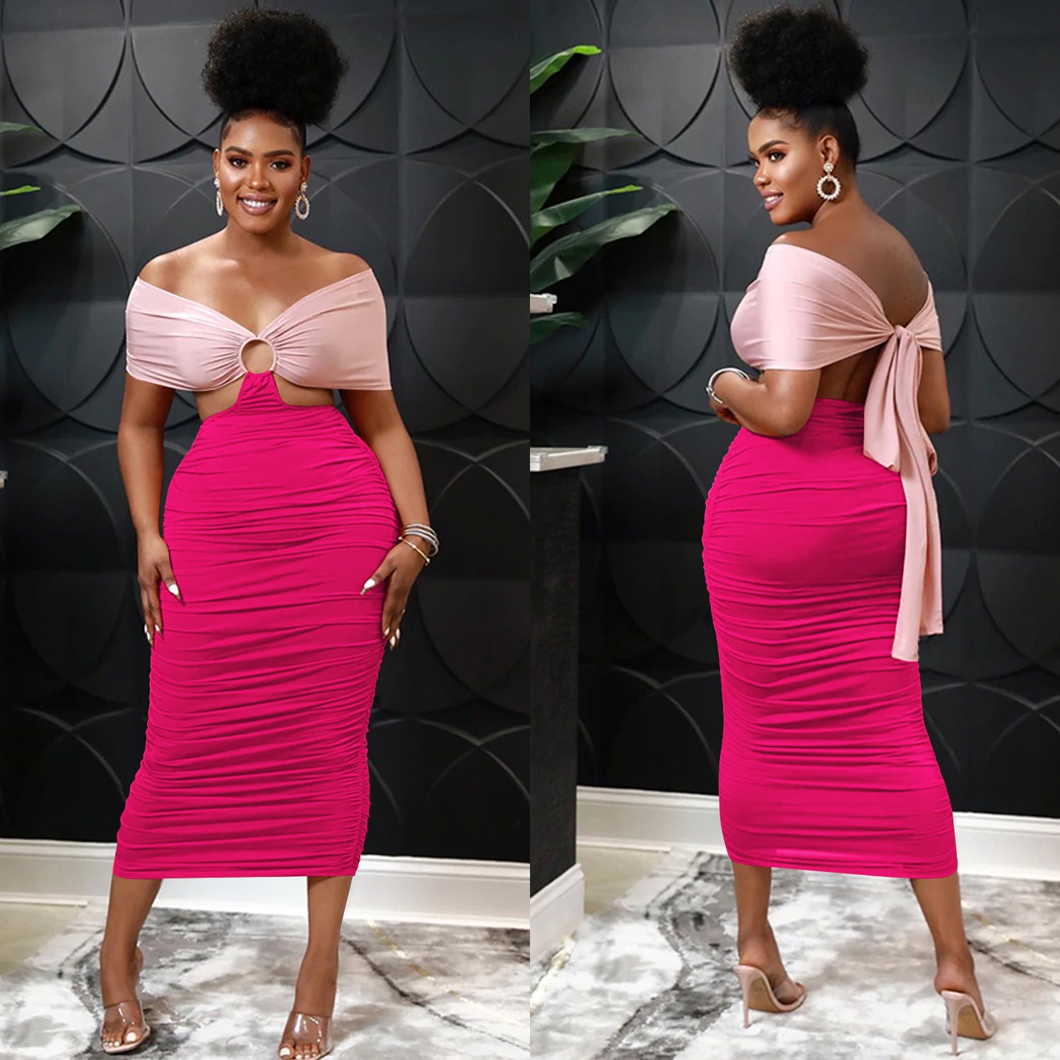 Sexy Contrast Color Off Shoulder Ruched Midi Dress