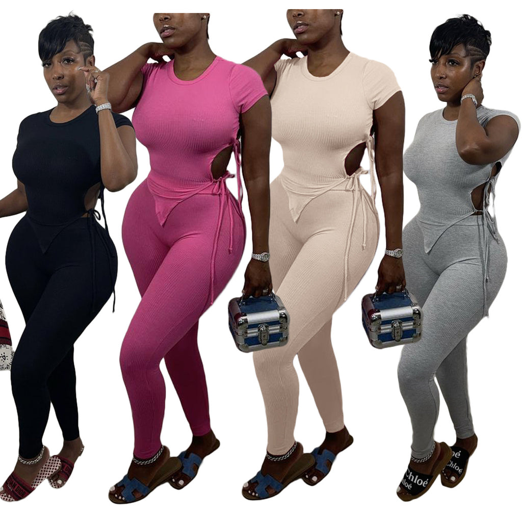 Sexy Solid Lace-Up Short Sleeve 2 Piece Pants Set