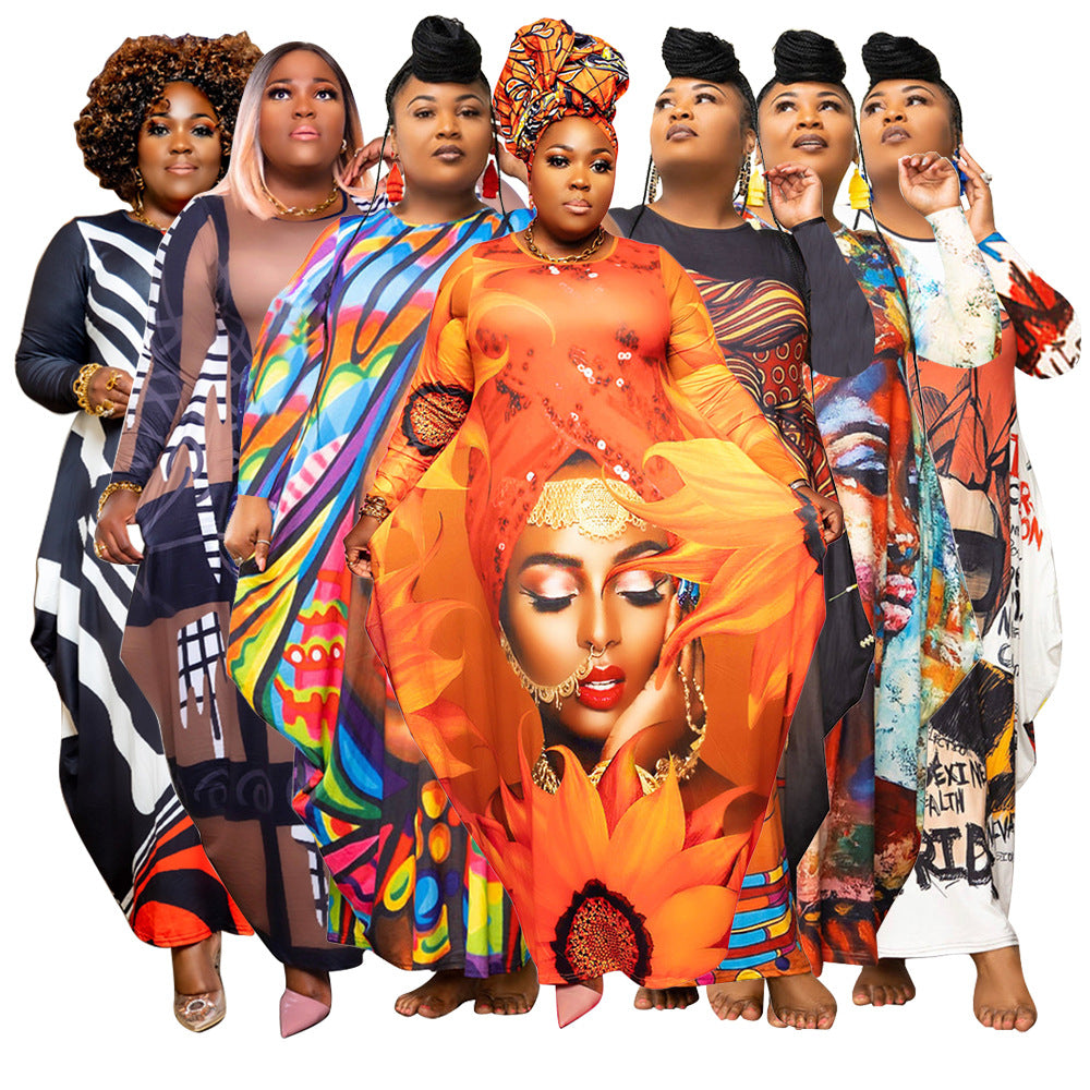 Sexy Plus Size Printed Long Sleeve Loose Maxi Dress