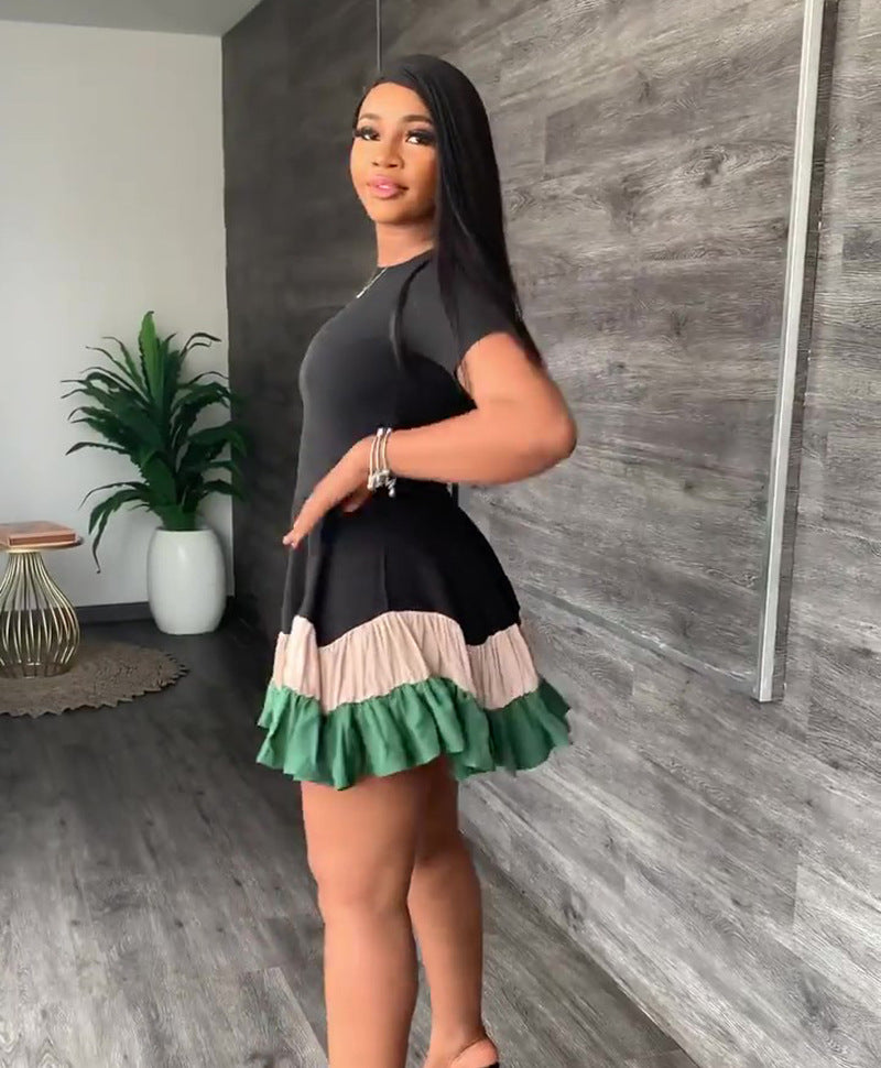 Sexy Contrast Color Patchwork Short Sleeve Big Swing Mini Dress