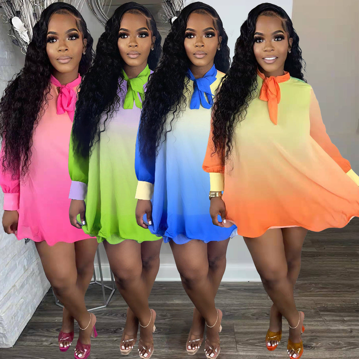 Sexy Plus Size Chiffon Gradient Long Sleeve Loose Mini Dress