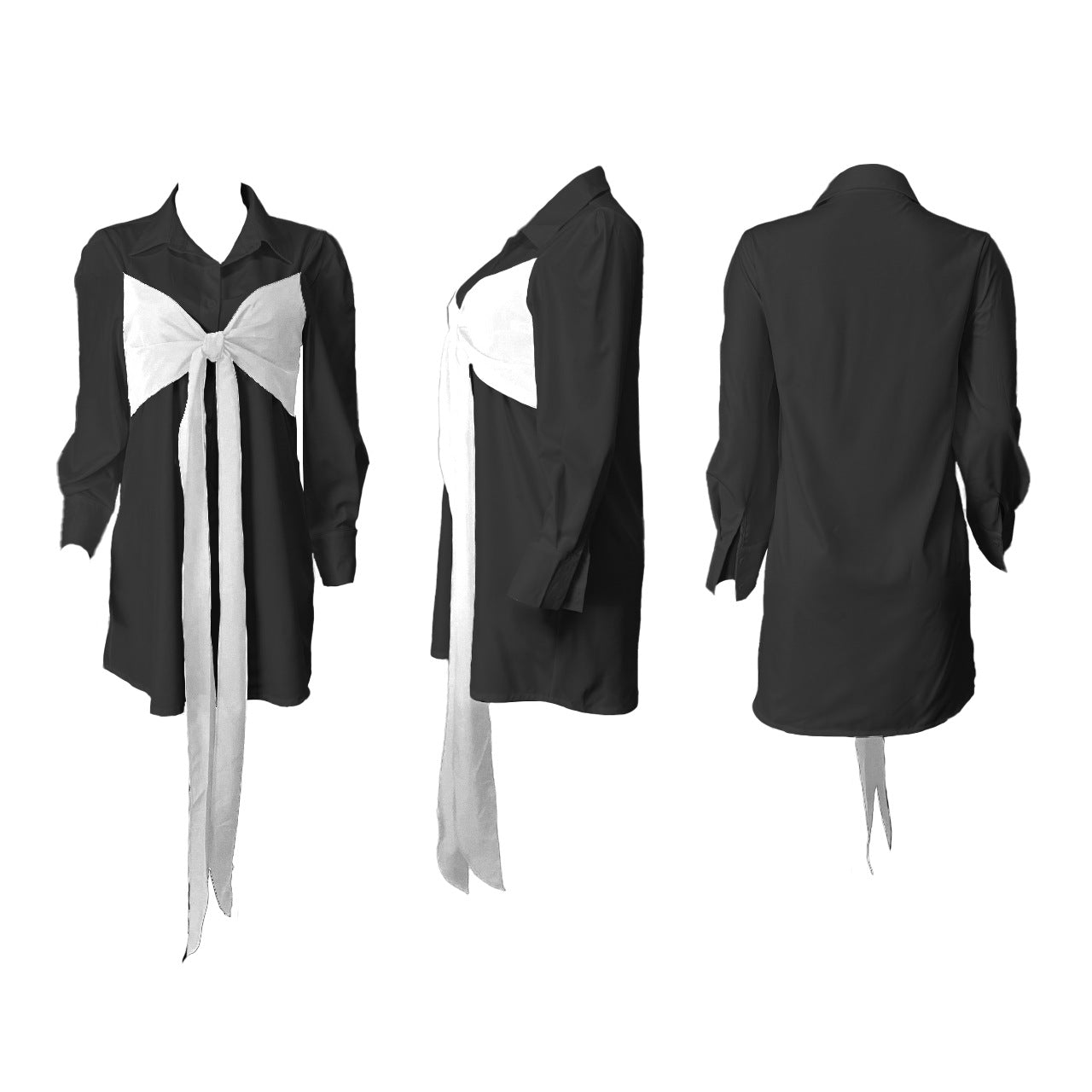 Sexy Contrast Colot Bow-Tie Long Sleeve Shirt Dress