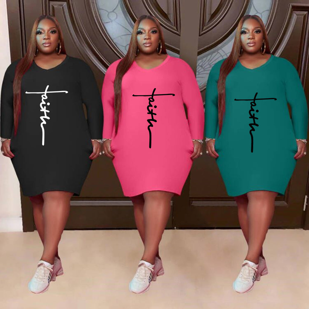 Sexy Plus Size Letter Print Long Sleeve Casual Dress